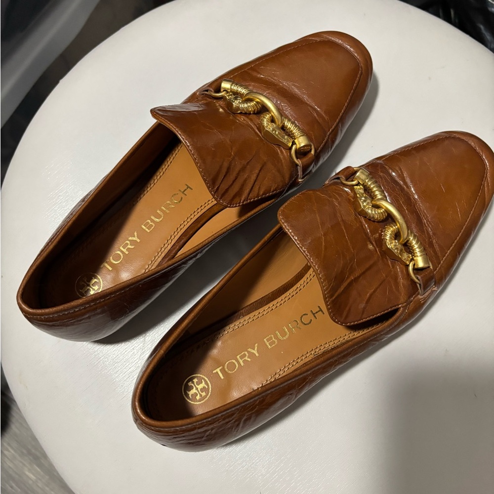 Tory Burch Jessa Brown And Gold Leather Loafer Size 8
